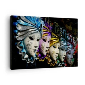 Canvastavla - Bild på duk - Venetianska masker i olika färger med dekorativa mönster - 70x50cm - Hemlighet i guld och i silver - Modern väggdekoration för vardagsrum och sovrum ARTTOR