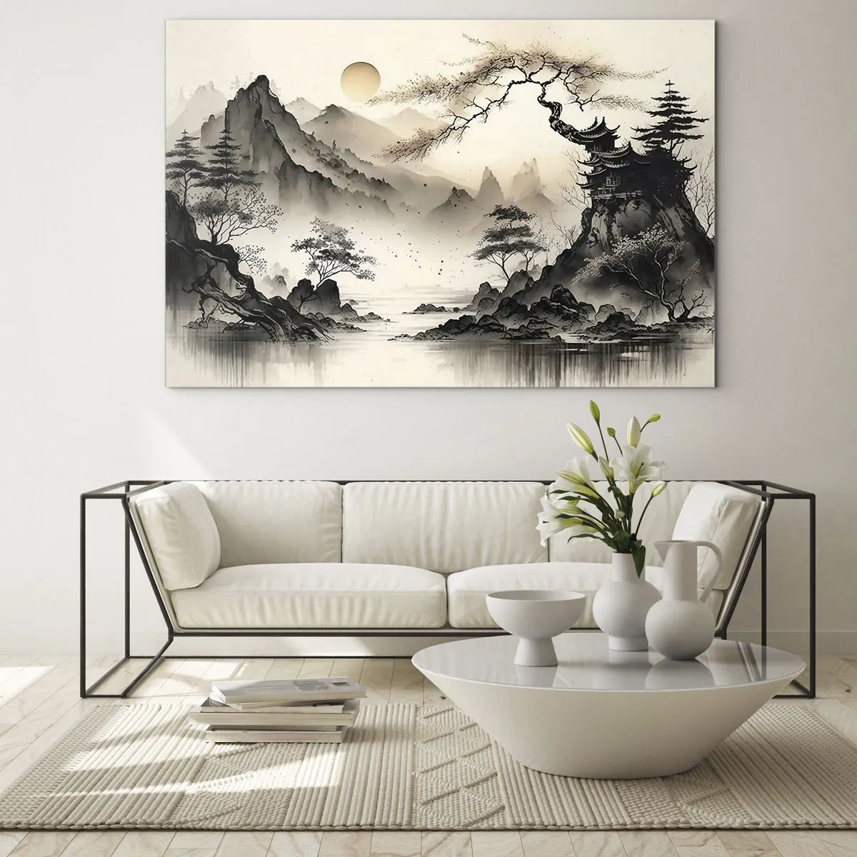 Glastavla - Bild på glas - Orientaliskt bergslandskap med en pagod och träd - 70x50cm - Orientens unika charm - Modern väggdekoration för vardagsrum och sovrum ARTTOR