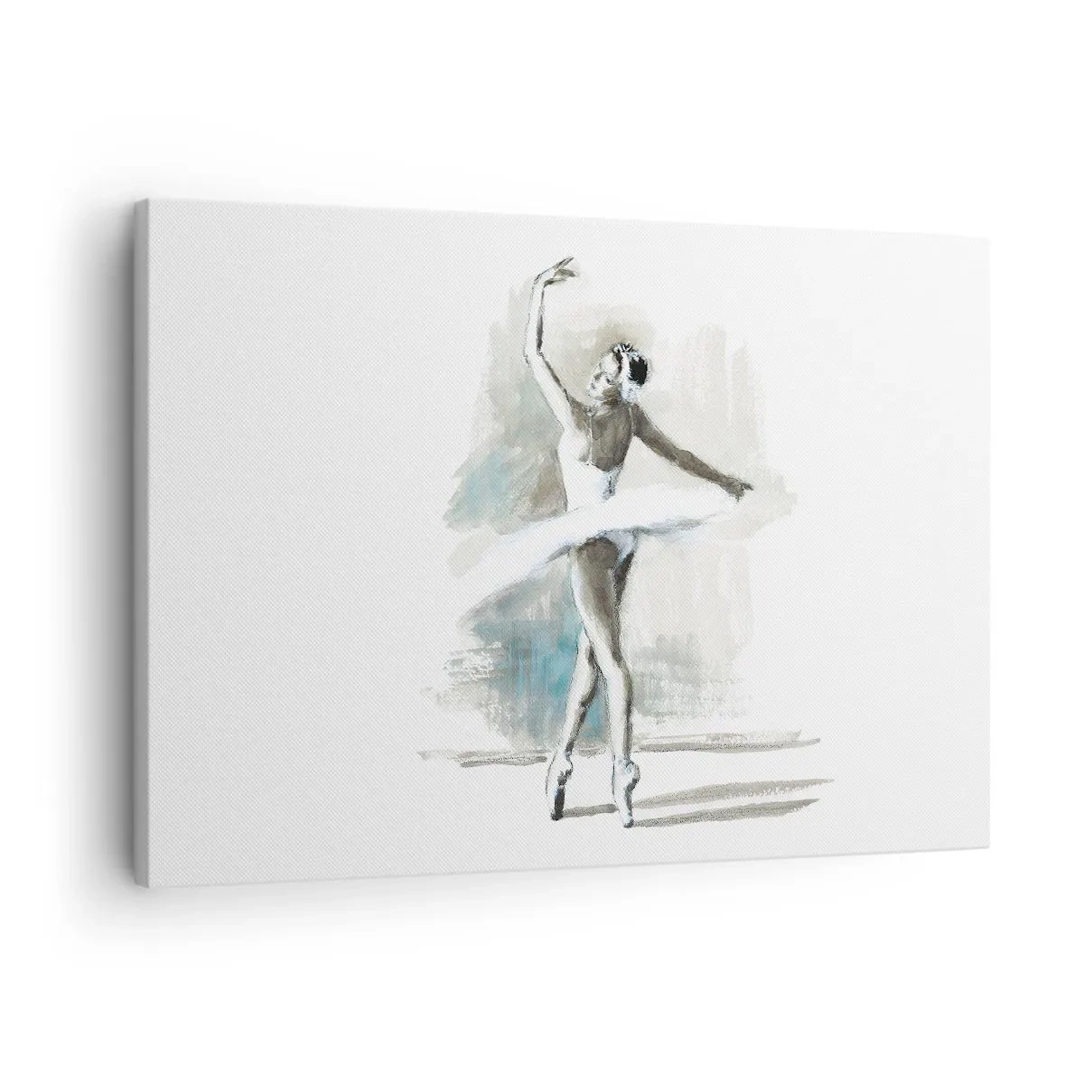 Canvastavla - Bild på duk - En balettdansös i balettpose mot en bakgrund av fina akvarelltoner. - 70x50cm - Förtrollad i en svan - Modern väggdekoration för vardagsrum och sovrum ARTTOR