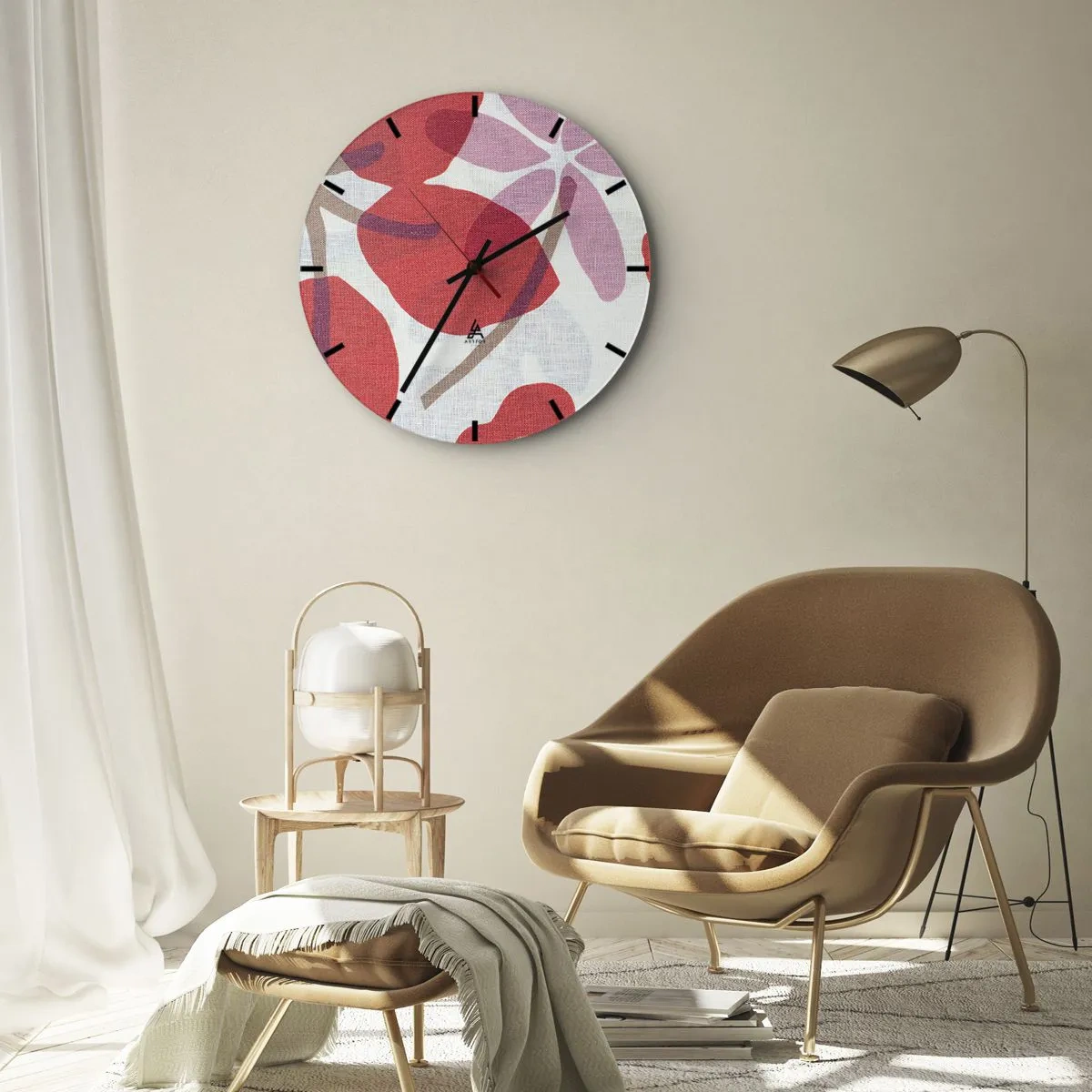 Väggklocka - Klocka på glas - Blomsterkomposition i rosa - 30x30 cm