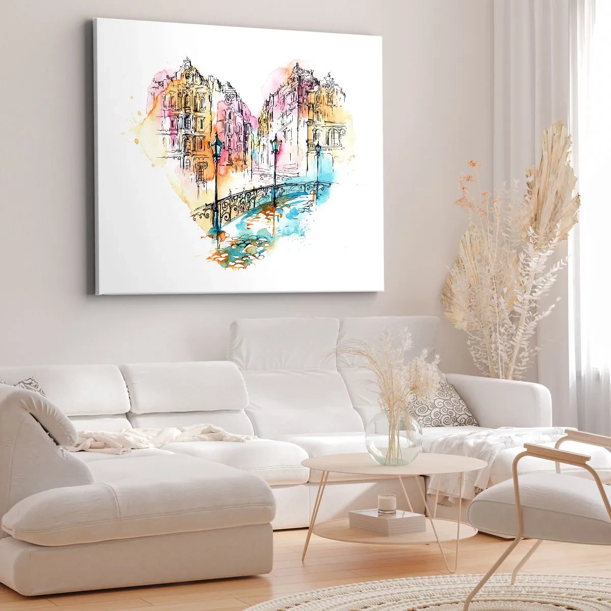 Canvastavla - Bild på duk - Akvarell av en bro och hjärtformade hyreshus - 70x50cm - Stadens hjärta - Modern väggdekoration för vardagsrum och sovrum ARTTOR