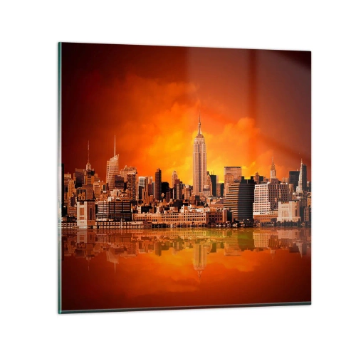 Glastavla - Bild på glas - Stostadspanorama i gul och brunt - 70x70 cm