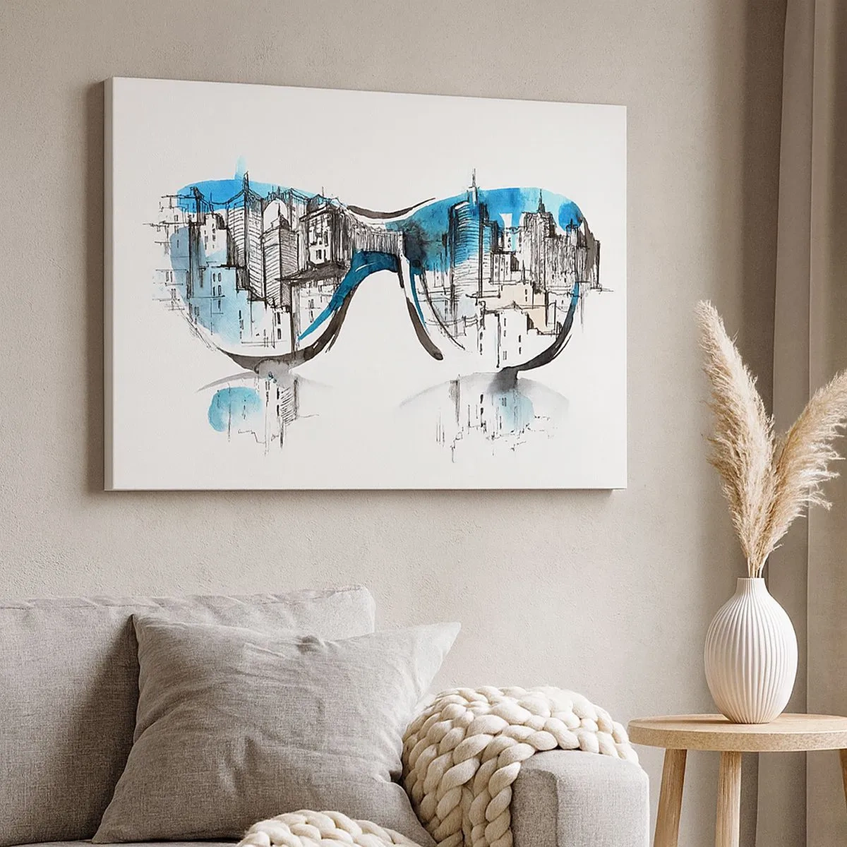 Canvastavla - Bild på duk - Akvarell av stadspanoramaet reflekterat i glasögonen - 70x50cm - Storstadsstil - Modern väggdekoration för vardagsrum och sovrum ARTTOR