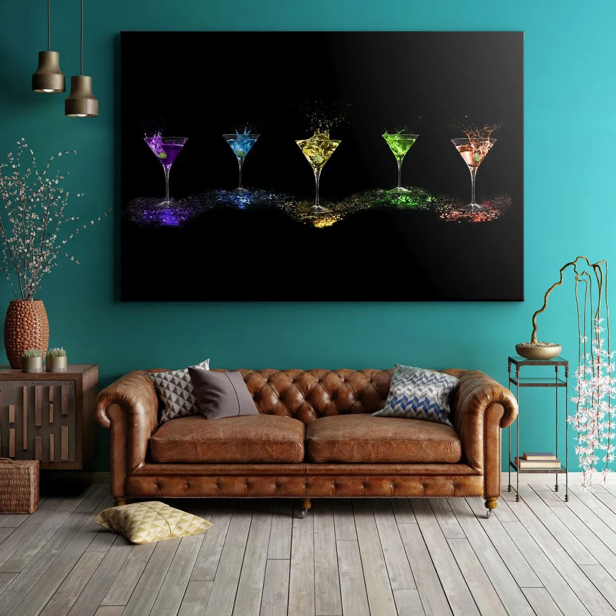 Canvastavla - Bild på duk - Färgglada cocktails i glas på svart bakgrund - 70x50cm - Glädjens färger i kristallglaset - Modern väggdekoration för vardagsrum och sovrum ARTTOR
