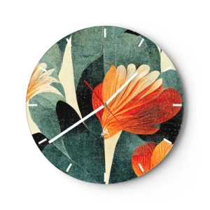 Väggklocka - Klocka på glas - Rödorange blommor mot mörkgröna blad - 30x30cm - Värmen i tropikerna och svalkan i grönskan - Modern väggdekoration för vardagsrum, kök och sovrum ARTTOR