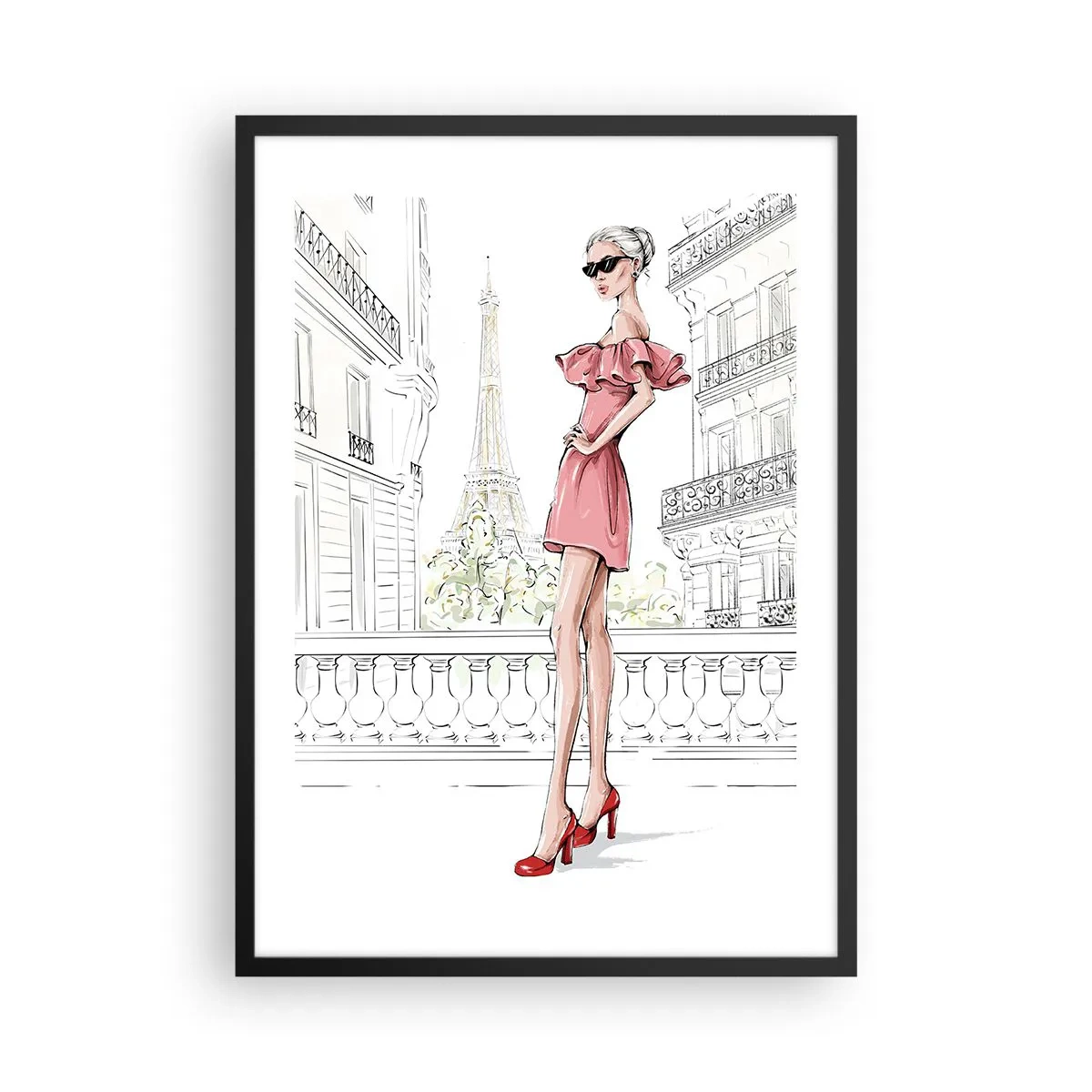 Affisch i svart ram - En elegant kvinna i en rosa klänning med Eiffeltornet i bakgrunden - 50x70cm - Modets konst - Modern väggdekoration för vardagsrum och sovrum ARTTOR