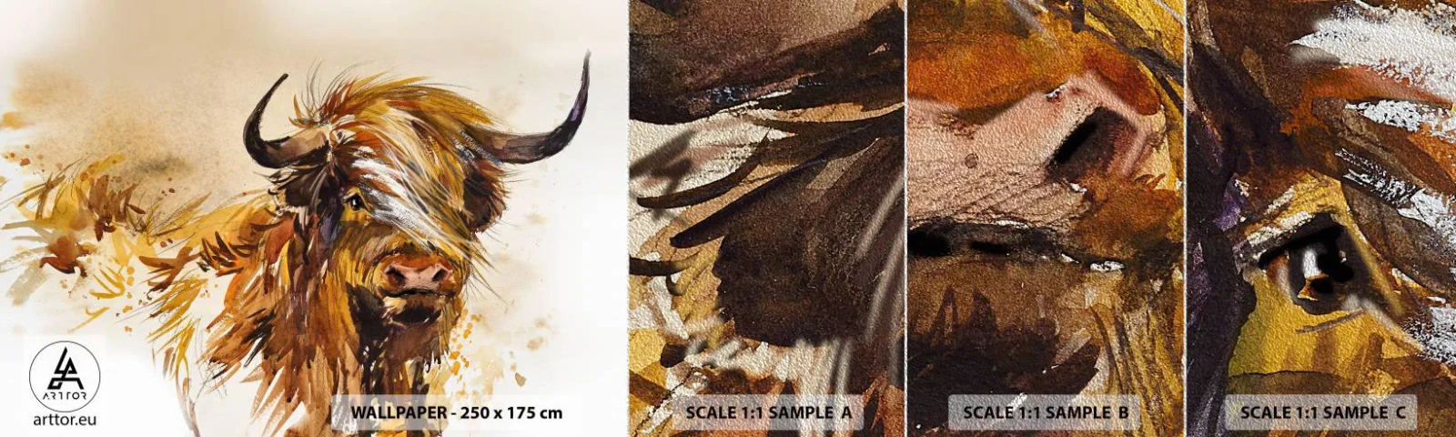 Provbit av fototapet Premium Sand - Jägarens dröm - Djur, Abstraktion, skotsk buffel - 100x30 cm