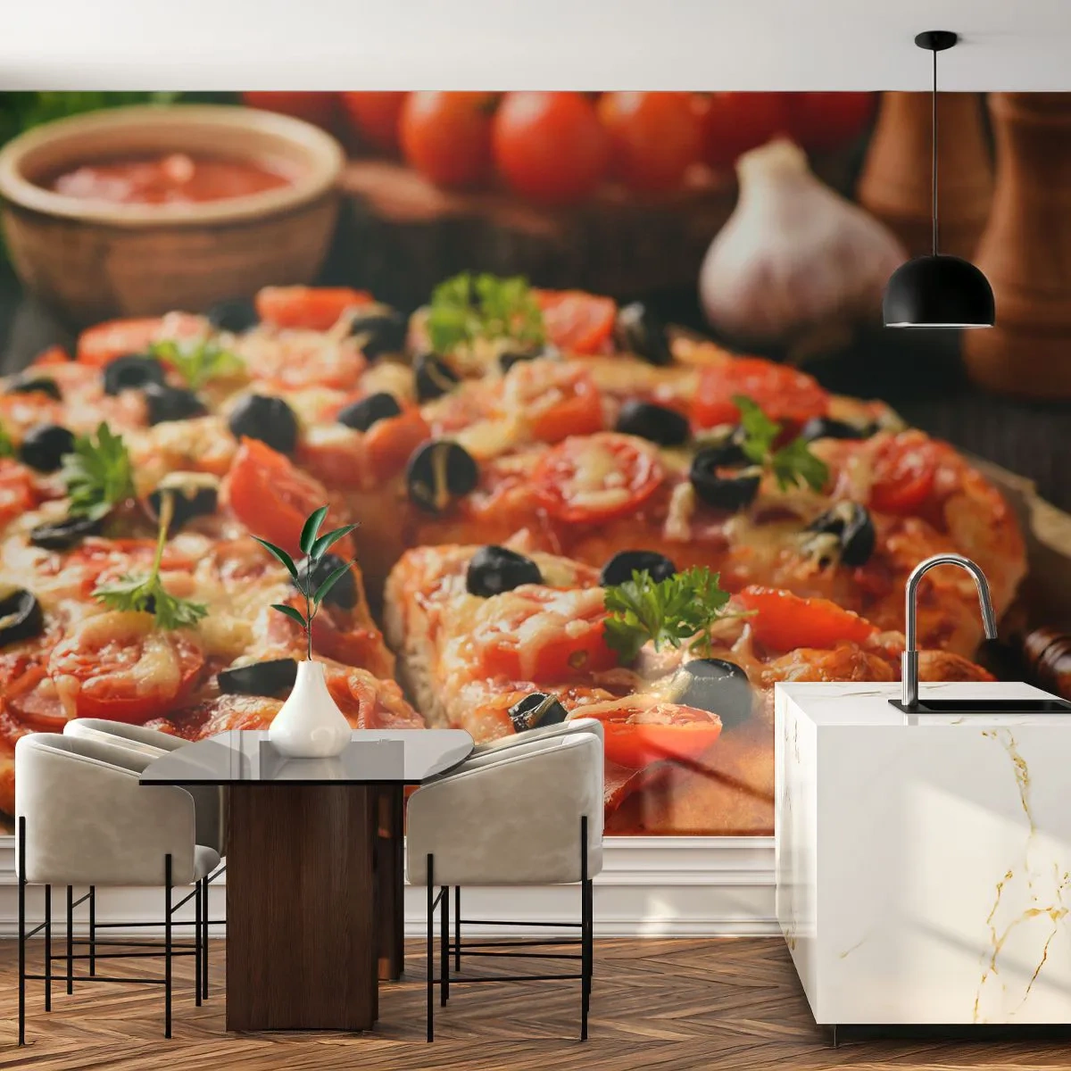 Självhäftande Fototapet Deluxe Sticker - Färdigt bakat - Gastronomi, Pizza, Tomat - 250x175 cm