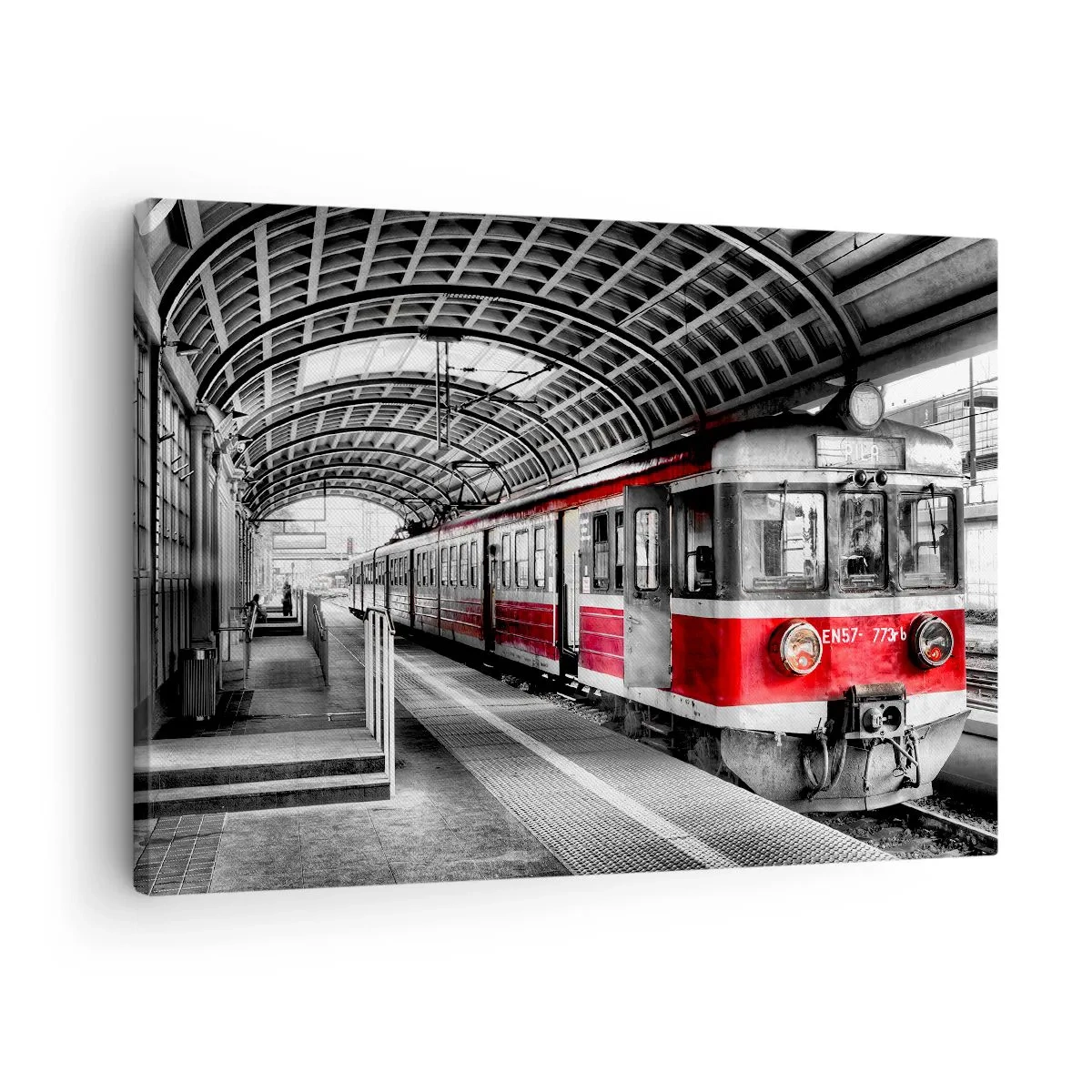 Canvastavla - Bild på duk - Rött tåg på stationen under tak - 70x50cm - Det är kanske livets resa? - Modern väggdekoration för vardagsrum och sovrum ARTTOR