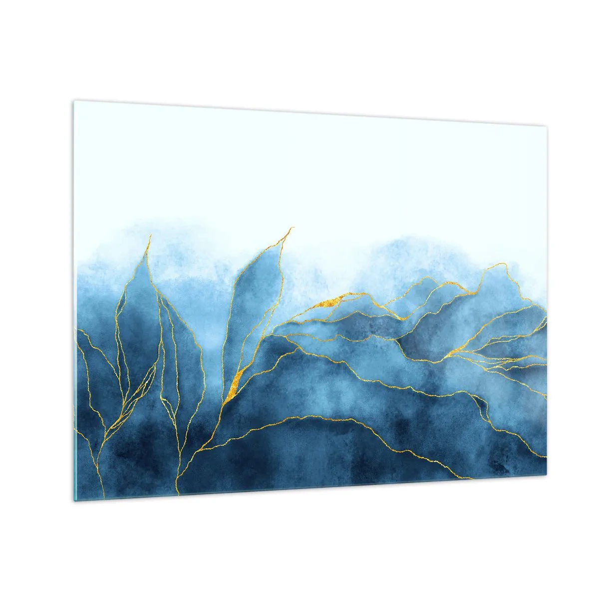 Glastavla - Bild på glas - Abstrakta blå former med fina guldlinjer. - 70x50cm - Blått i guld - Modern väggdekoration för vardagsrum och sovrum ARTTOR
