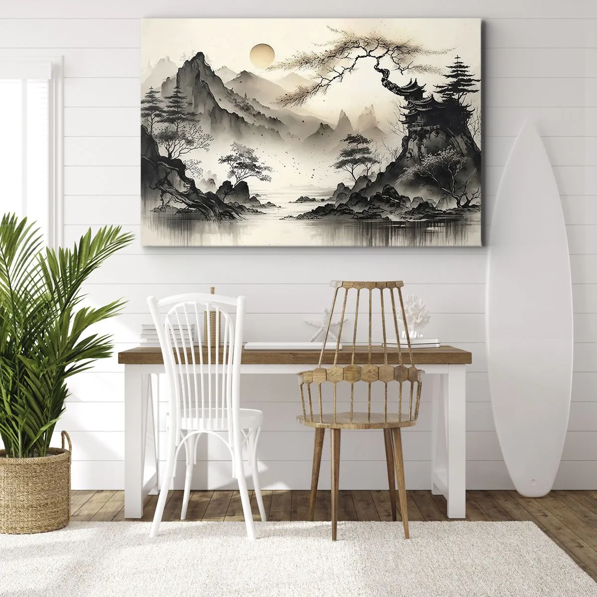 Canvastavla - Bild på duk - Ett orientaliskt landskap med berg och en pagod i fina nyanser. - 70x50cm - Orientens unika charm - Modern väggdekoration för vardagsrum och sovrum ARTTOR