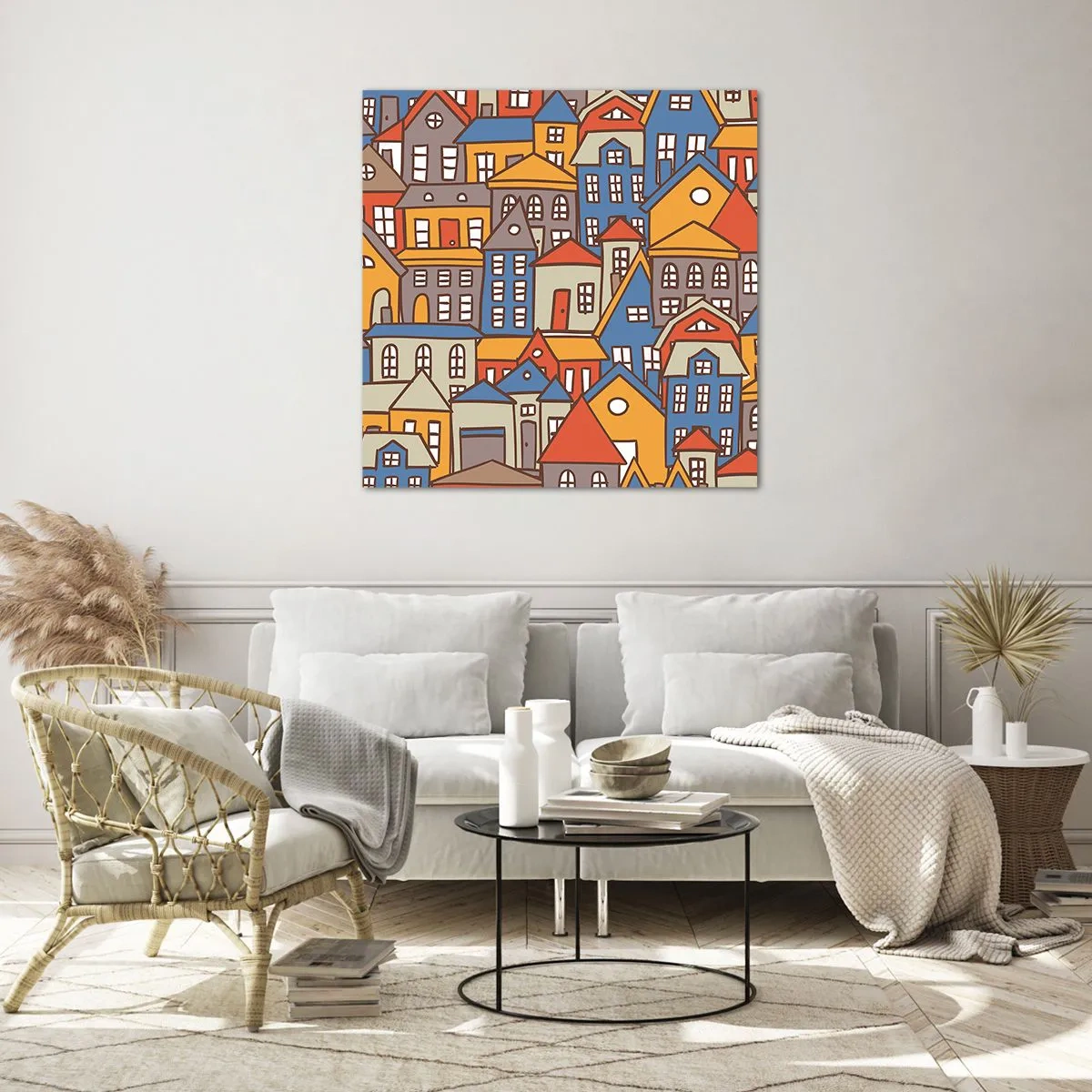 Glastavla - Bild på glas - Hus bakom hus - 40x40 cm