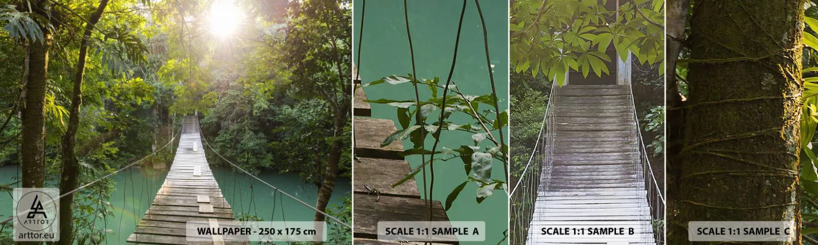 Provbit av självhäftande fototapet Deluxe Sticker - Vid azurblått vatten till azurblå skog - Landskap, Djungel, Träbro - 100x30 cm
