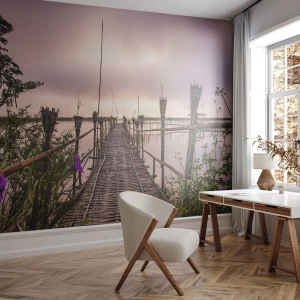 Fototapet Standard Eco - En träbro mot en molnig himmel - 100x70cm - Asiens lugn och tystnad - Modern väggdekoration för vardagsrum och sovrum ARTTOR