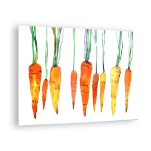 Glastavla - Bild på glas - Akvarellmorötter i olika nyanser av orange med gröna stjälkar - 70x50cm - Skönhet av det vanliga - Modern väggdekoration för vardagsrum och sovrum ARTTOR