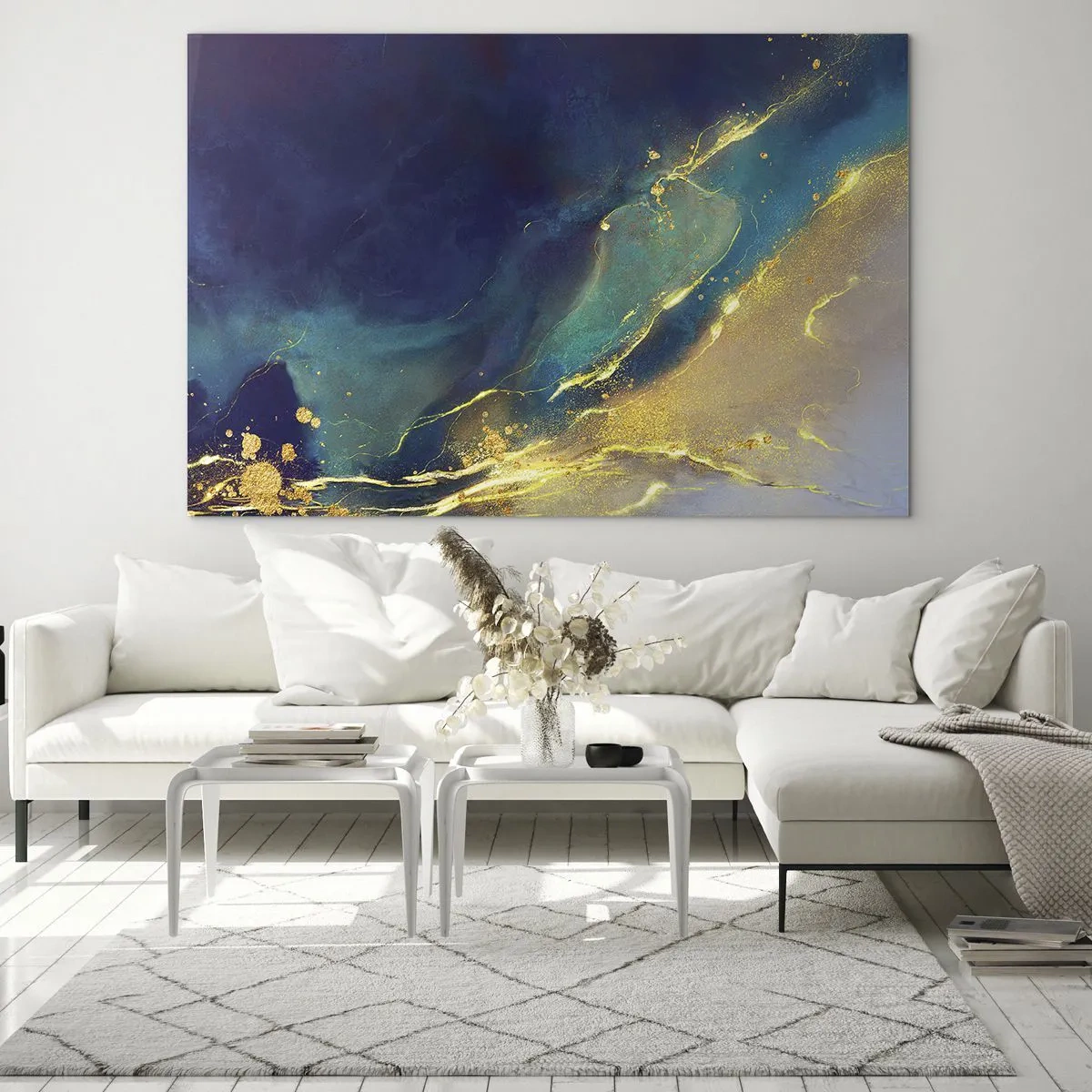 Glastavla - Bild på glas - En abstrakt komposition i nyanser av marinblått, turkos och guld - 70x50cm - Utspillt guld - Modern väggdekoration för vardagsrum och sovrum ARTTOR