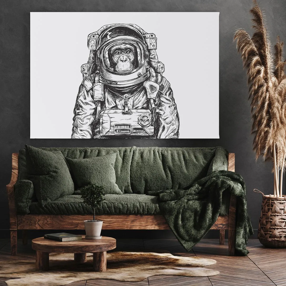 Canvastavla - Bild på duk - Grafik av en astronaut i rymddräkt med aphuvud - 70x50cm - Alternativ evolution - Modern väggdekoration för vardagsrum och sovrum ARTTOR