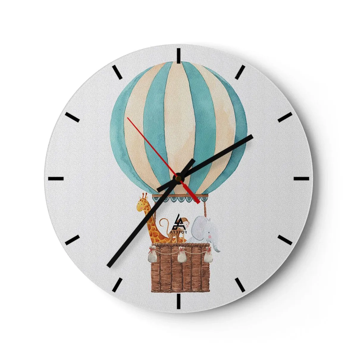 Väggklocka - Klocka på glas - En ballong med en giraff och en elefant som svävar i molnen - 30x30cm - Fantastisk resa - Modern väggdekoration för vardagsrum, kök och sovrum ARTTOR