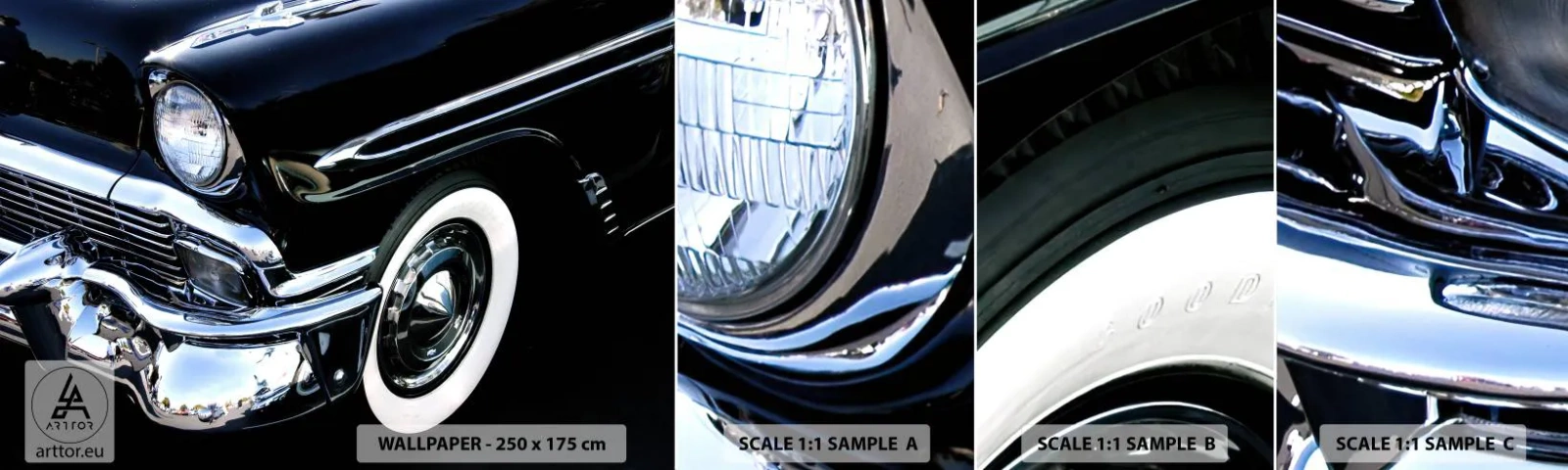 Provbit av självhäftande fototapet Deluxe Sticker - Klassik i silver, svart och vit - Bil, Bil, vit och svart - 100x30 cm