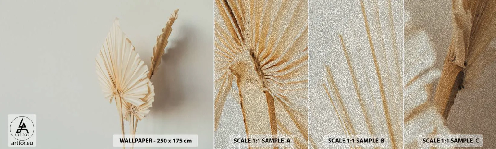 Provbit av fototapet Premium Sand - När du behöver stillhet - Ljus, Minimalism, Blad - 100x30 cm