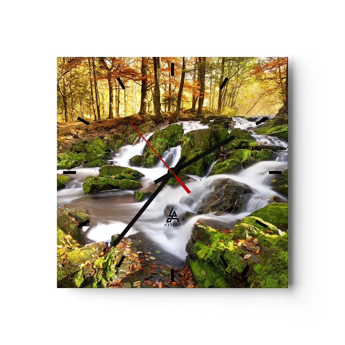 Väggklocka - Klocka på glas - Kvickt genom höstskogen - 40x40 cm