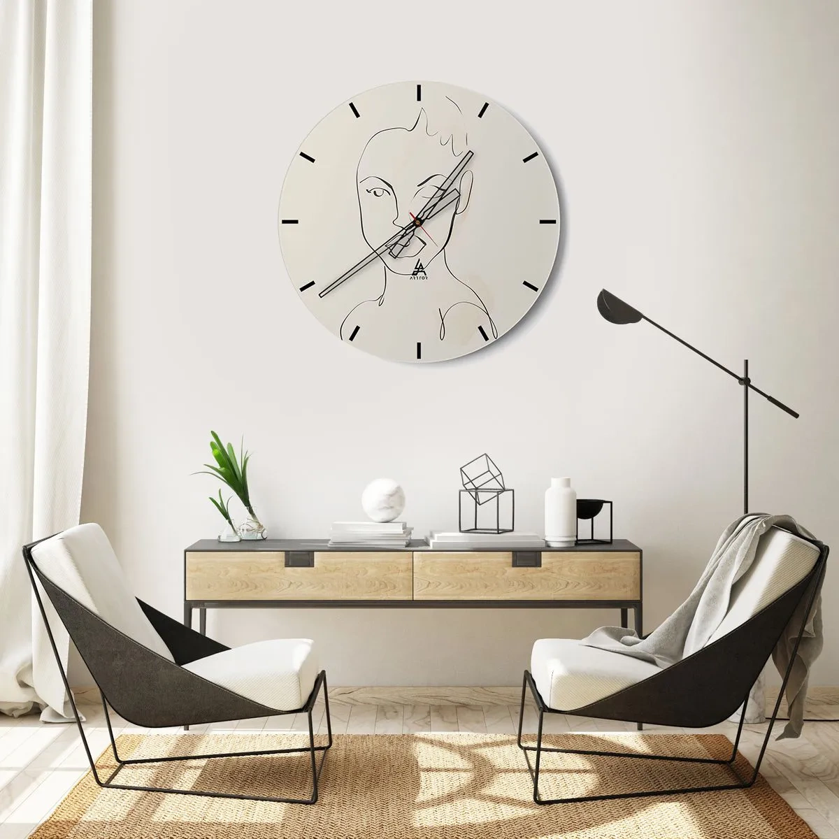Väggklocka - Klocka på glas - Ett minimalistiskt porträtt av en kvinnas ansikte - 30x30cm - Sensualitetens kontur - Modern väggdekoration för vardagsrum, kök och sovrum ARTTOR