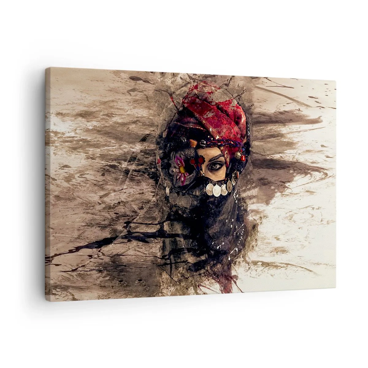Canvastavla - Bild på duk - Konstnärligt porträtt av en kvinna i orientalisk klädsel mot en abstrakt bakgrund. - 70x50cm - Minst intrigerande - Modern väggdekoration för vardagsrum och sovrum ARTTOR