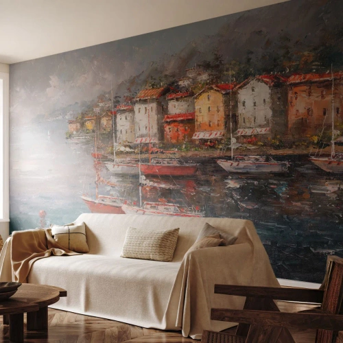 Fototapet Standard Eco - En pittoresk hamnstad med segelbåtar vid vattnet - 100x70cm - Romantisk hamn - Modern väggdekoration för vardagsrum och sovrum ARTTOR