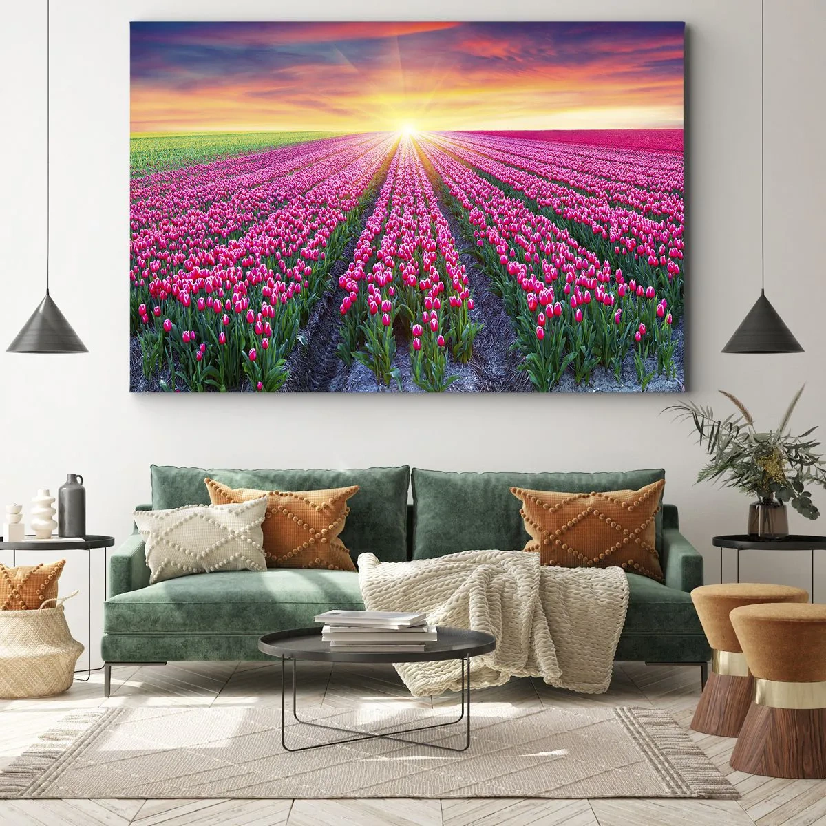 Canvastavla - Bild på duk - Ett fält av tulpaner vid solnedgången - 70x50cm - Skönhetsfarmen - Modern väggdekoration för vardagsrum och sovrum ARTTOR