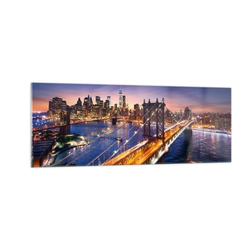 Glastavla - Bild på glas - Över ljusbron till stadens hjärta - 140x50 cm