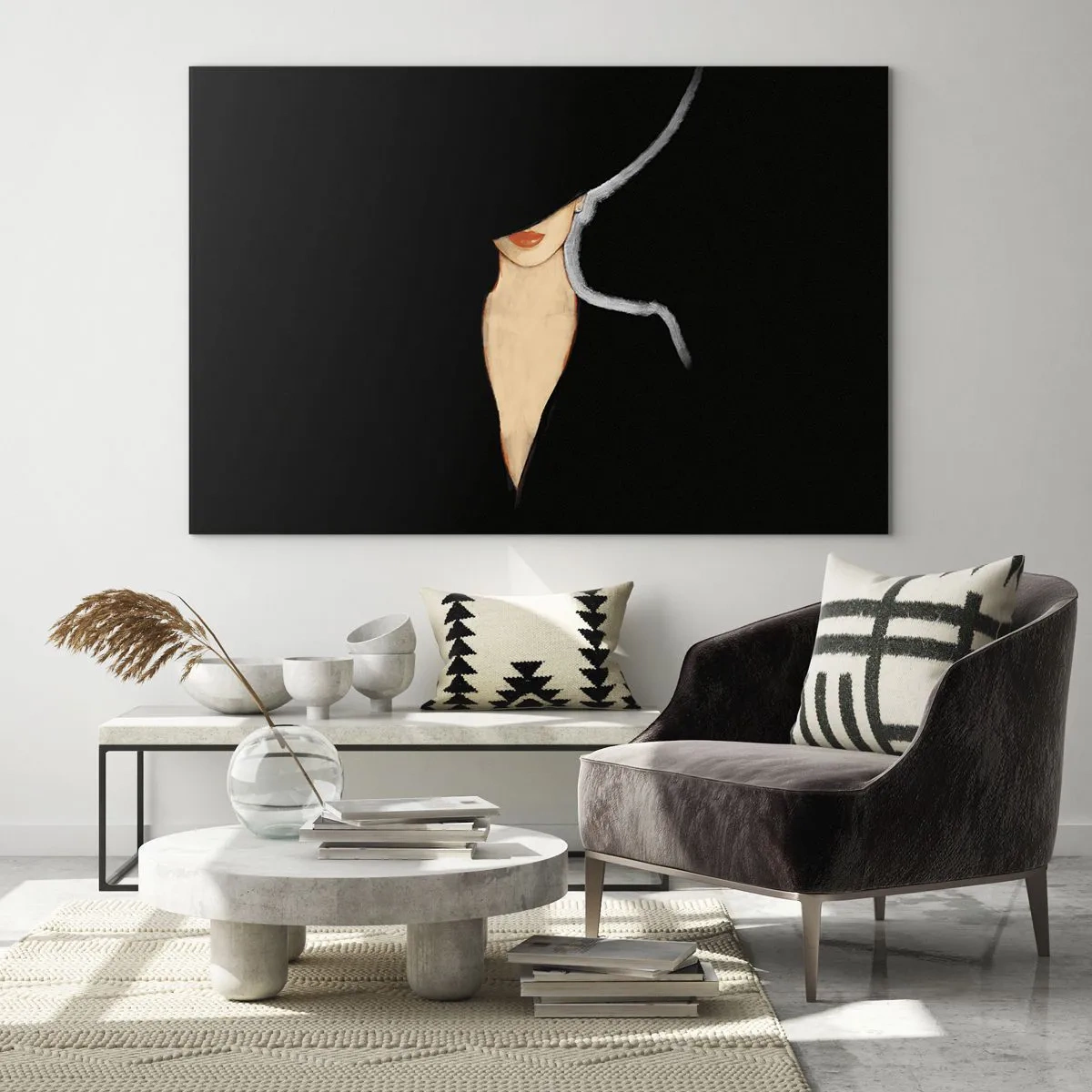 Glastavla - Bild på glas - Ett subtilt porträtt av en kvinna mot en svart bakgrund - 70x50cm - Elegans och stil - Modern väggdekoration för vardagsrum och sovrum ARTTOR