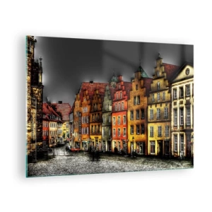 Glastavla - Bild på glas - Färgglada hyreshus mot bakgrund av en molnig himmel - 70x50cm - Det saknas bar förtrollad droska - Modern väggdekoration för vardagsrum och sovrum ARTTOR
