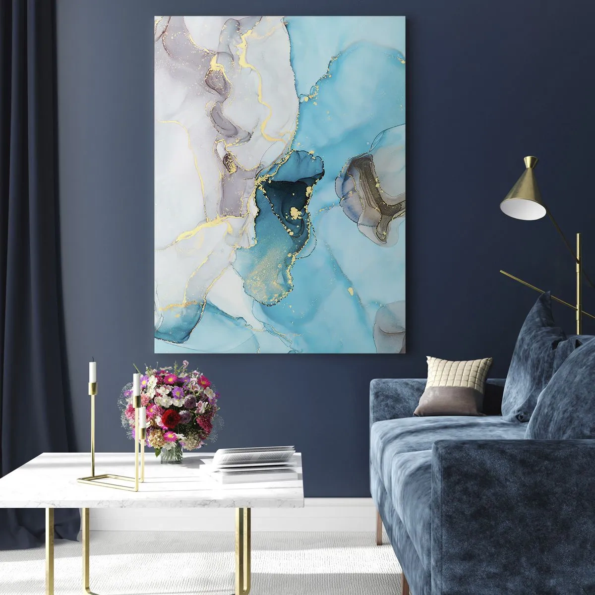 Glastavla - Bild på glas - Studie över mötet mellan grå och turkos - 50x70 cm