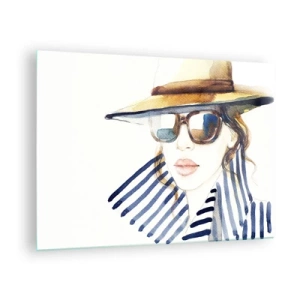 Glastavla - Bild på glas - Snygg kvinna i hatt och glasögon i akvarellstil - 70x50cm - Välkommen till Florida! - Modern väggdekoration för vardagsrum och sovrum ARTTOR
