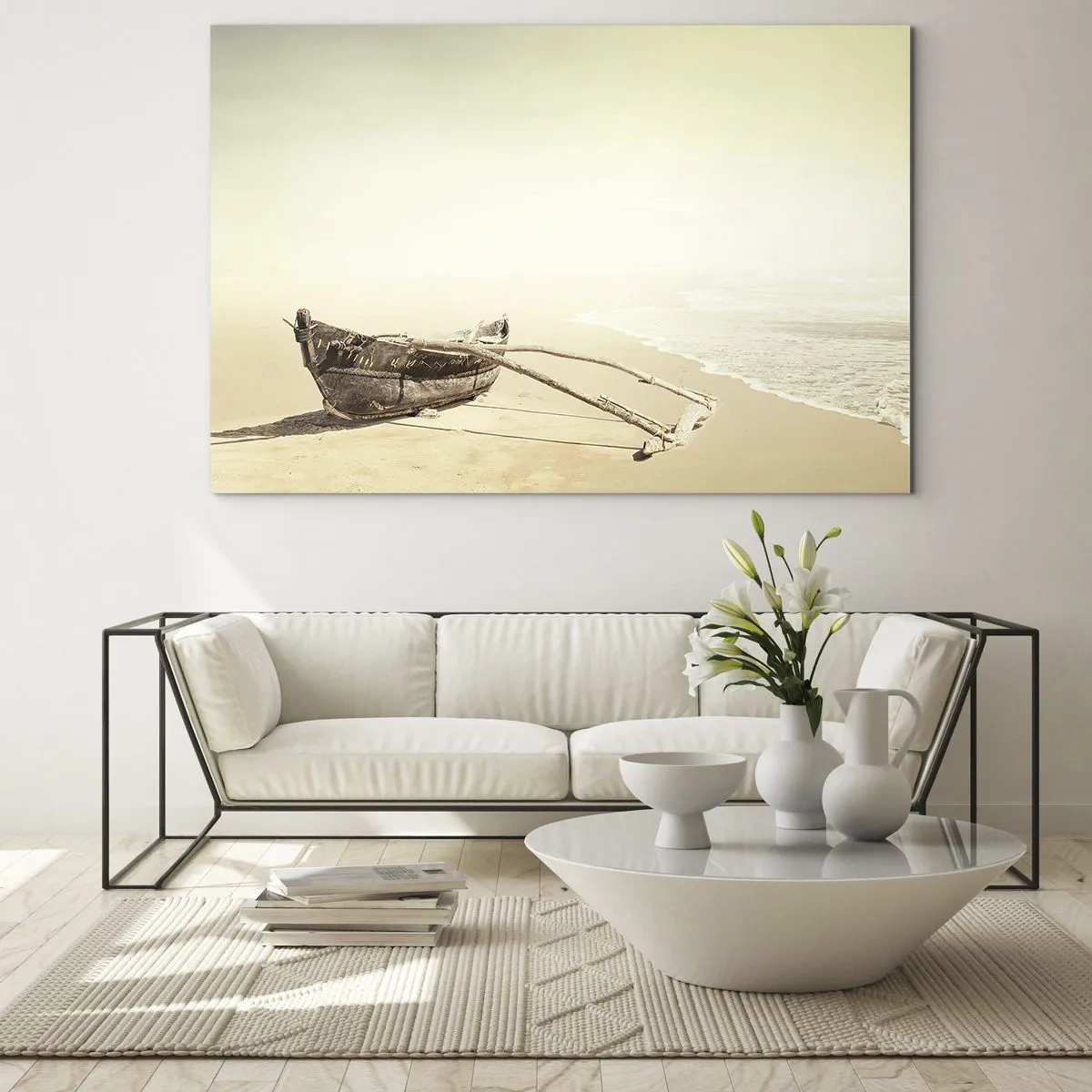 Glastavla - Bild på glas - En gammal fiskebåt på sanden vid havet - 70x50cm - Minne från sydliga hav - Modern väggdekoration för vardagsrum och sovrum ARTTOR