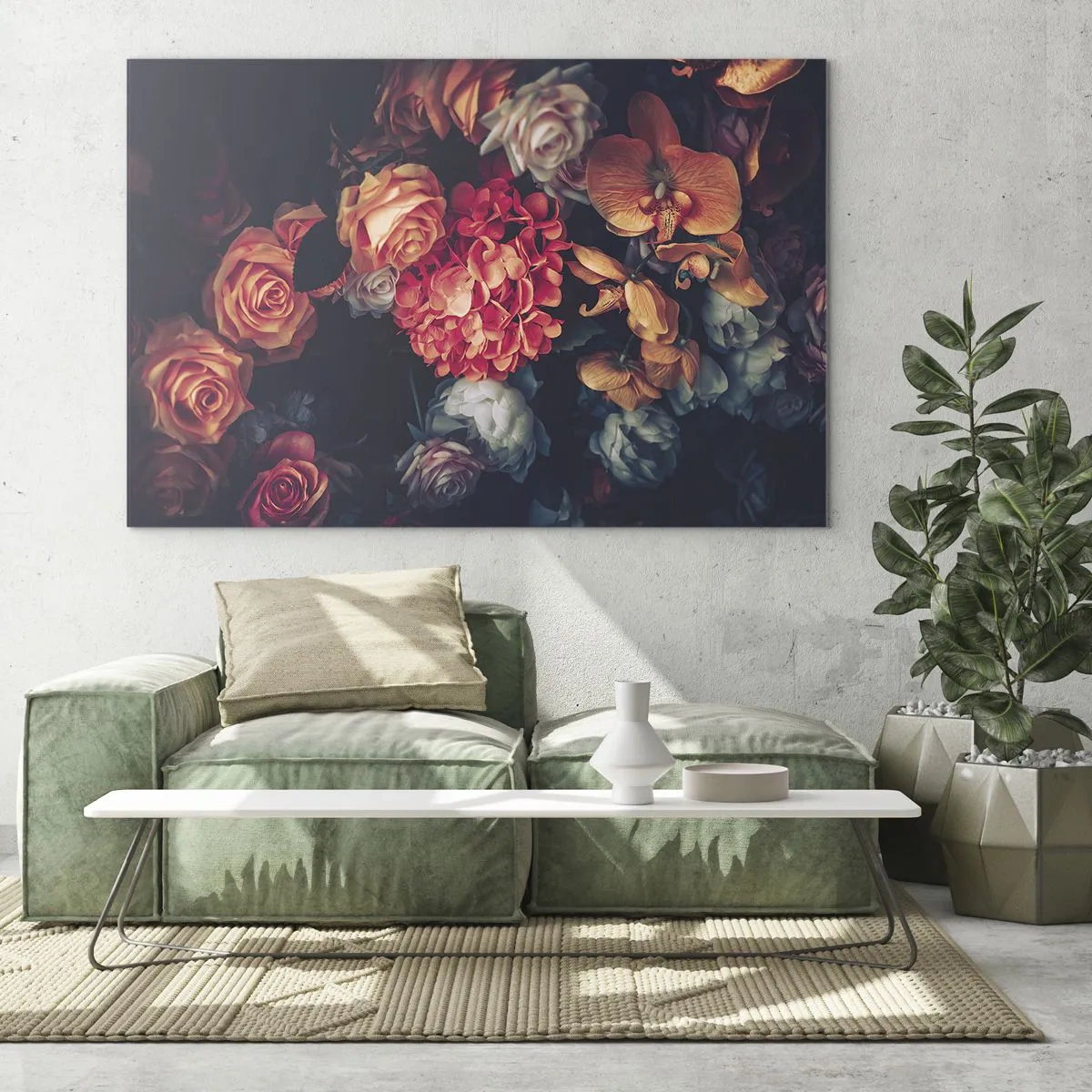 Glastavla - Bild på glas - Mörkt blomsterarrangemang med rosor och orkidéer - 70x50cm - Som hos de holländska mästarna - Modern väggdekoration för vardagsrum och sovrum ARTTOR