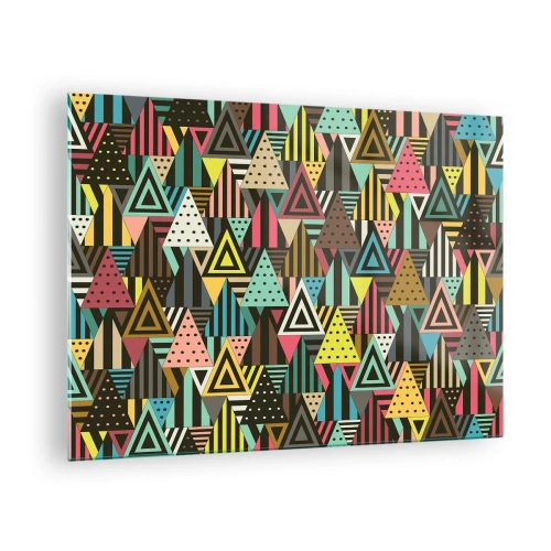 Glastavla - Bild på glas - En abstrakt komposition med trianglar i intensiva färger. - 70x50cm - Trianglar - Modern väggdekoration för vardagsrum och sovrum ARTTOR