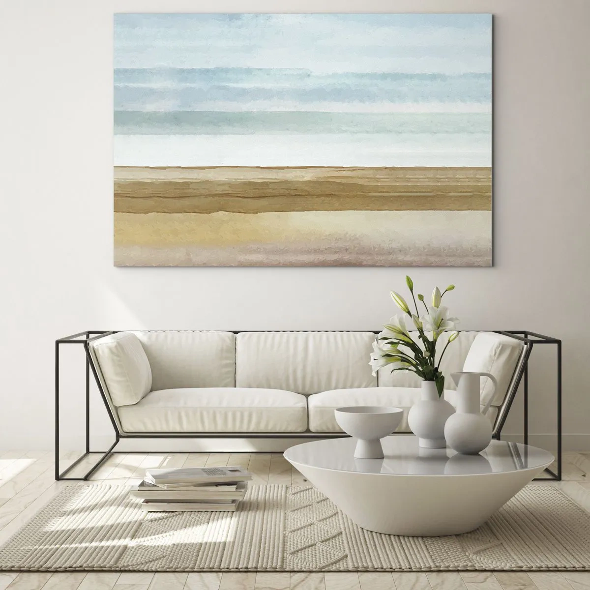 Glastavla - Bild på glas - En minimalistisk strand i pastellfärgad akvarellstil - 70x50cm - Svalkande - Modern väggdekoration för vardagsrum och sovrum ARTTOR