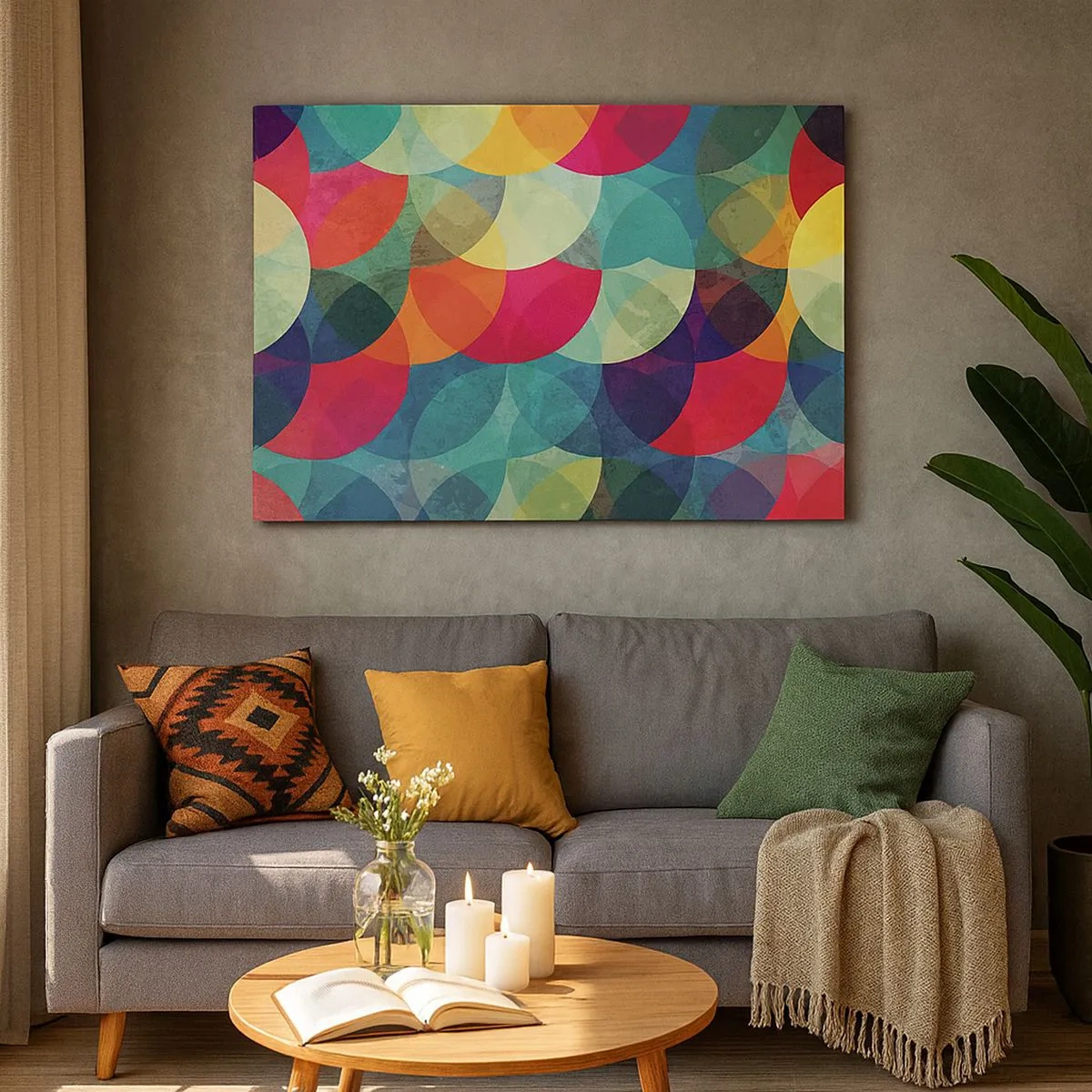 Canvastavla - Bild på duk - Färgglada geometriska mönster bestående av cirklar och halvcirklar - 70x50cm - Regnbågsfärd - Modern väggdekoration för vardagsrum och sovrum ARTTOR