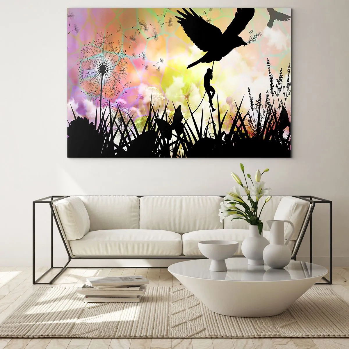 Glastavla - Bild på glas - Illustration av en figur som klättrar på en fågel mot en bakgrund av färgglada blommor. - 70x50cm - I sagostämningen - Modern väggdekoration för vardagsrum och sovrum ARTTOR