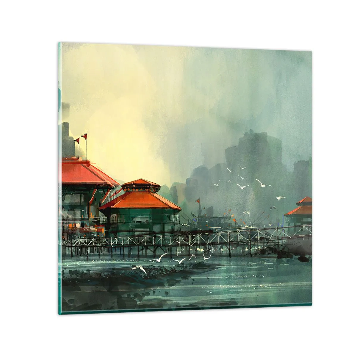Glastavla - Bild på glas - Duggig dag i hamnen - 30x30 cm