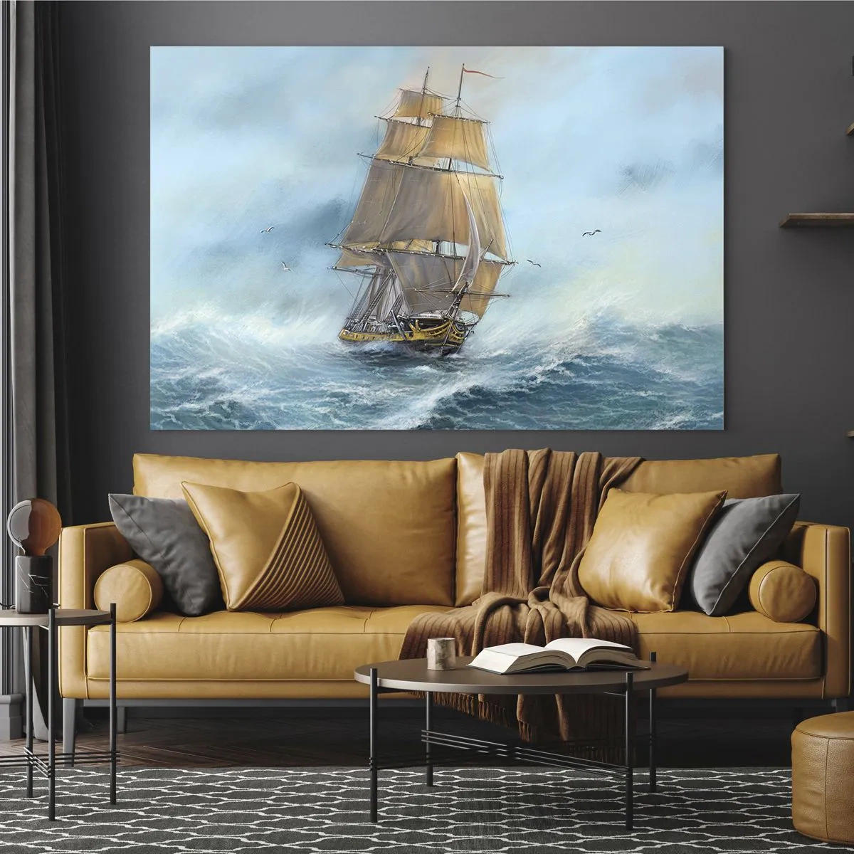 Glastavla - Bild på glas - Ett segelfartyg på ett stormigt hav i målerisk stil - 70x50cm - Vinkande genom vågorna - Modern väggdekoration för vardagsrum och sovrum ARTTOR