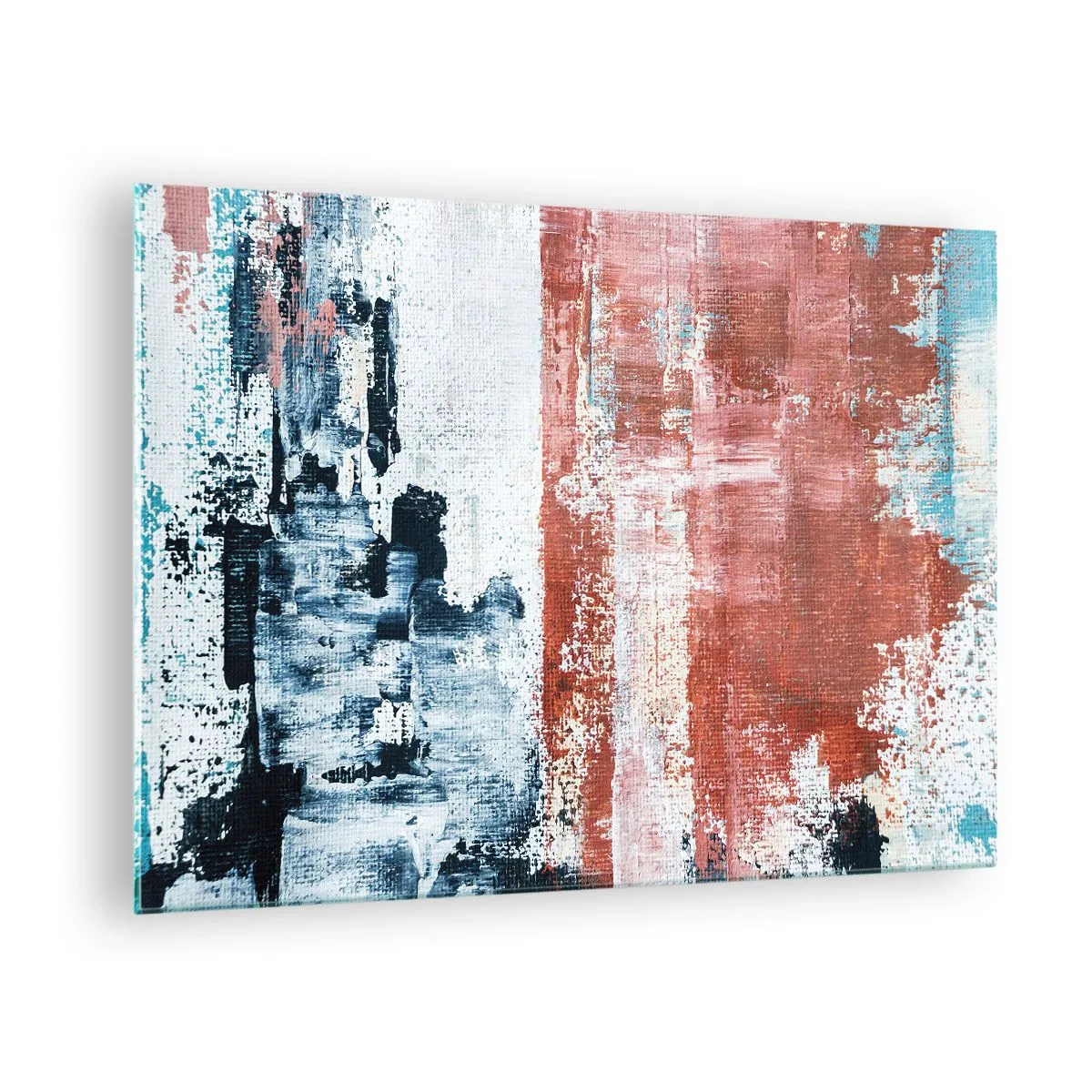 Glastavla - Bild på glas - En abstrakt kombination av blått och rostrött - 70x50cm - Abstrakt halvt om halvt - Modern väggdekoration för vardagsrum och sovrum ARTTOR