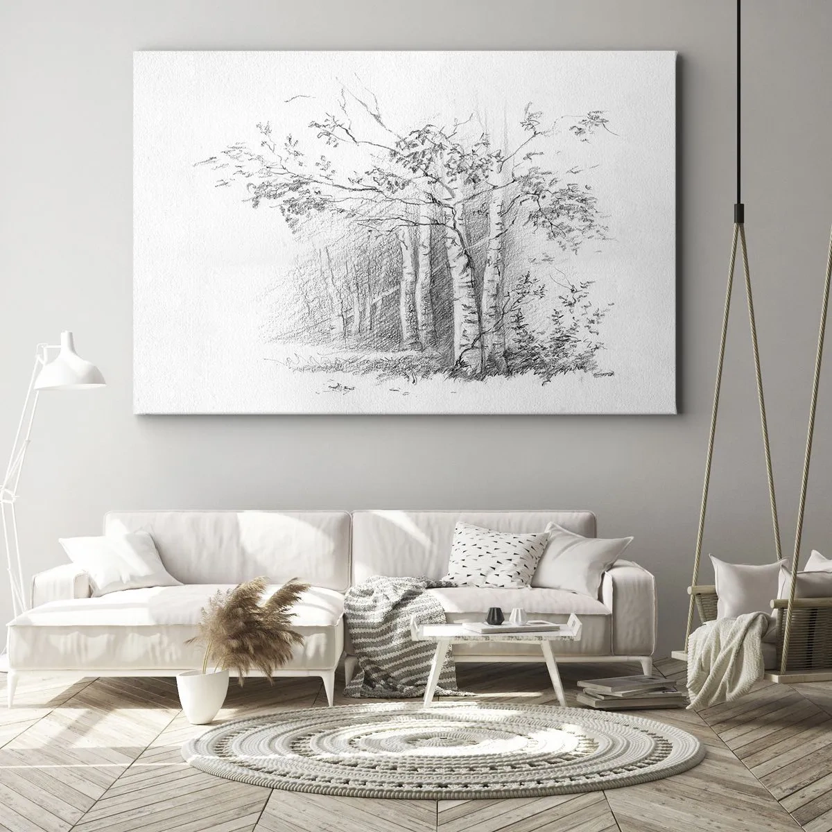 Canvastavla - Bild på duk - En teckning av en björkskog i en subtil blyertsskiss - 70x50cm - Björkskogens ljus - Modern väggdekoration för vardagsrum och sovrum ARTTOR