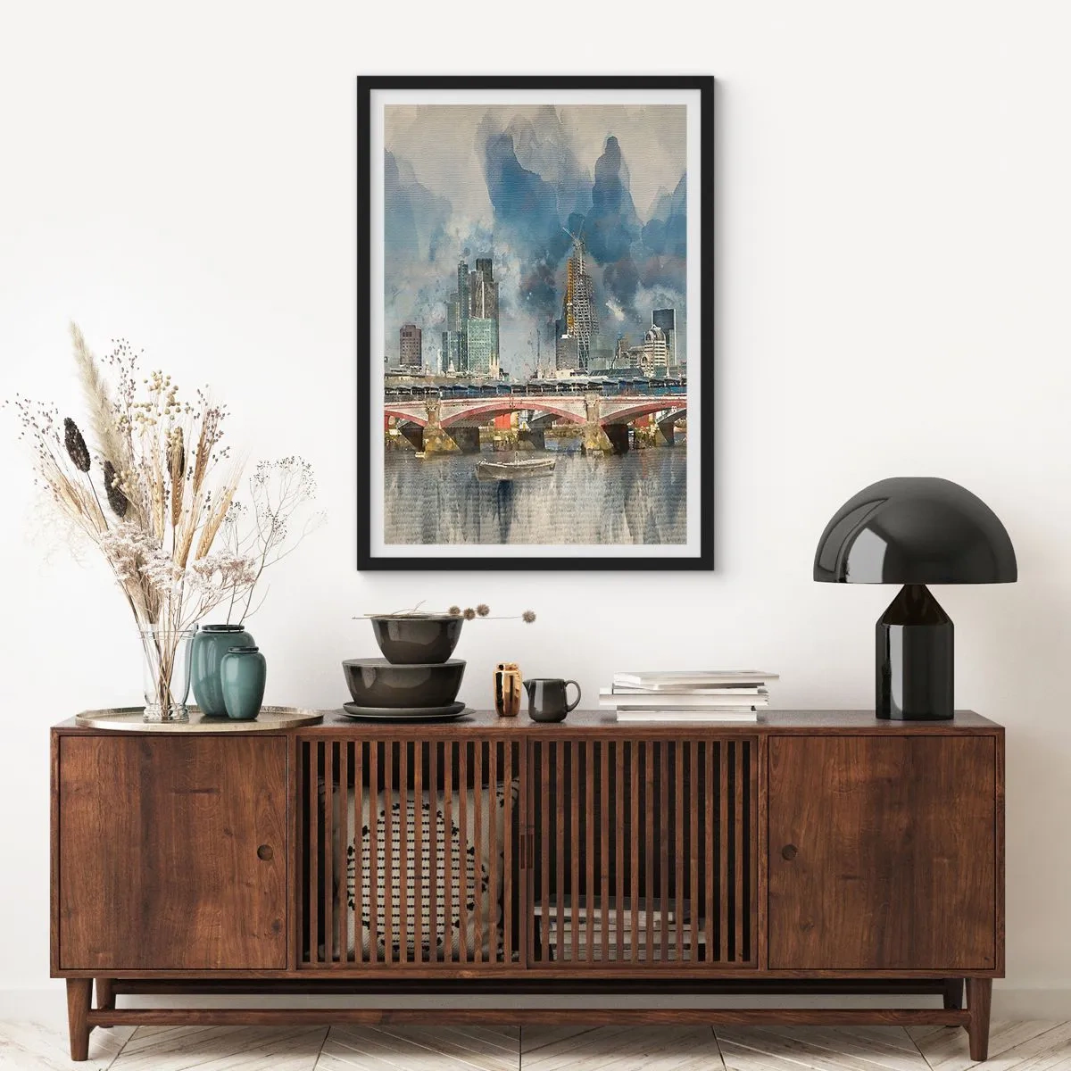 Affisch i svart ram - Stadslandskap med en bro och skyskrapor i bakgrunden - 50x70cm - London i hela sin prakt - Modern väggdekoration för vardagsrum och sovrum ARTTOR