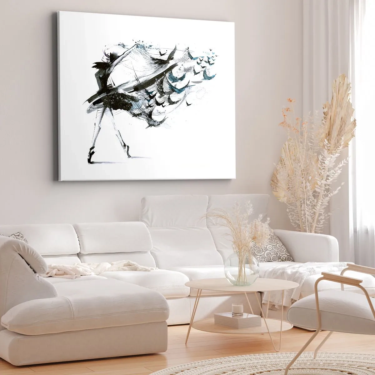 Canvastavla - Bild på duk - En dansare med en dynamisk klänning formad som fåglar - 70x50cm - Musikens magi befriar från trolldom - Modern väggdekoration för vardagsrum och sovrum ARTTOR