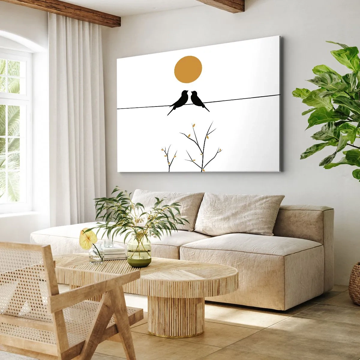 Canvastavla - Bild på duk - Fåglar på en linje med en gul sol - 70x50cm - Näktergalens kväll - Modern väggdekoration för vardagsrum och sovrum ARTTOR