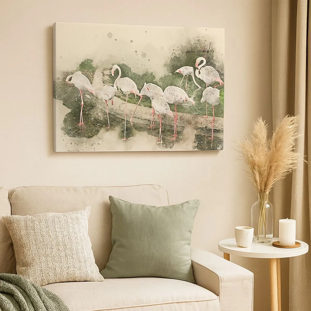 Canvastavla - Bild på duk - Flamingos i sin naturliga omgivning i akvarellstil - 70x50cm - Exotisk dröm - Modern väggdekoration för vardagsrum och sovrum ARTTOR