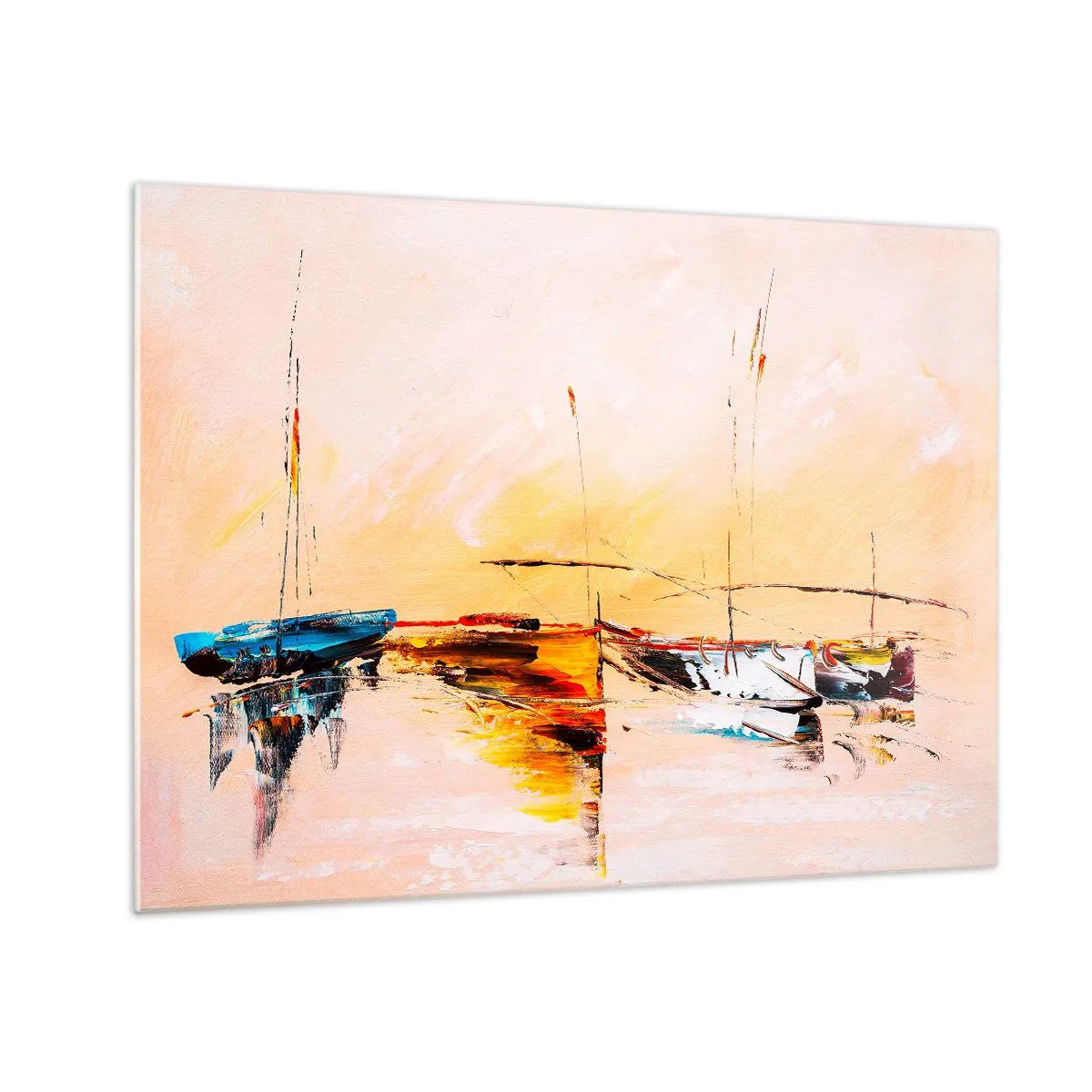 Glastavla - Bild på glas - Färgglada båtar förtöjda mot en impressionistisk solnedgångsbakgrund - 70x50cm - En kväll i hamnen - Modern väggdekoration för vardagsrum och sovrum ARTTOR