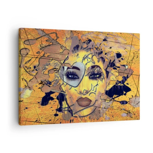 Canvastavla - Bild på duk - Abstrakt porträtt av en kvinna i gyllengula toner - 70x50cm - Solig skönhet - Modern väggdekoration för vardagsrum och sovrum ARTTOR
